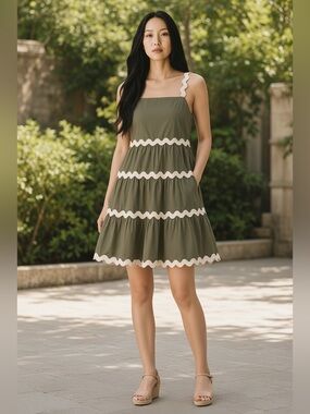 Entro Olive Green Tiered Ric Rac Midi Dress Pockets Size L